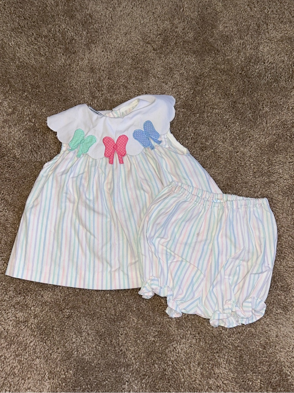 90s Baby Girls Pastel Stripe Dress & Bloomers Set with Bow Appliques